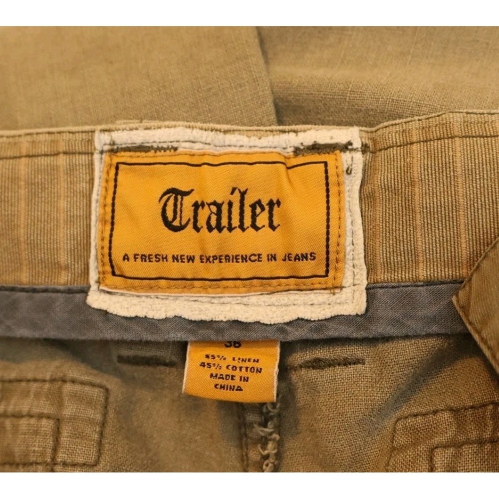 Trailer Men's 36 Cargo Shorts Khaki Olive Drawstring Zip 55% Linen 45% Cotton - Picture 5 of 5